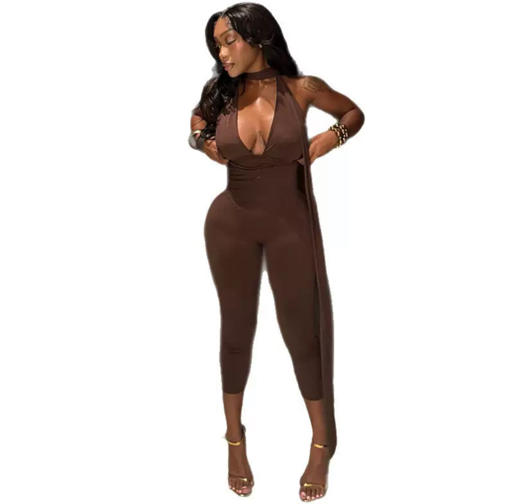 Women’s Sleeveless Halter Neck Jumpsuit – Slim Fit Lace-Up Bodycon Romper