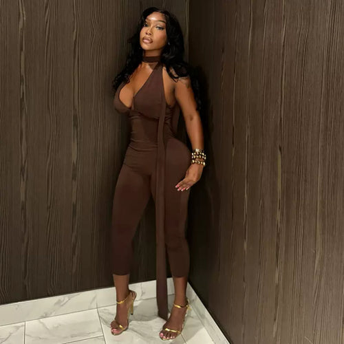 Women’s Sleeveless Halter Neck Jumpsuit – Slim Fit Lace-Up Bodycon Romper
