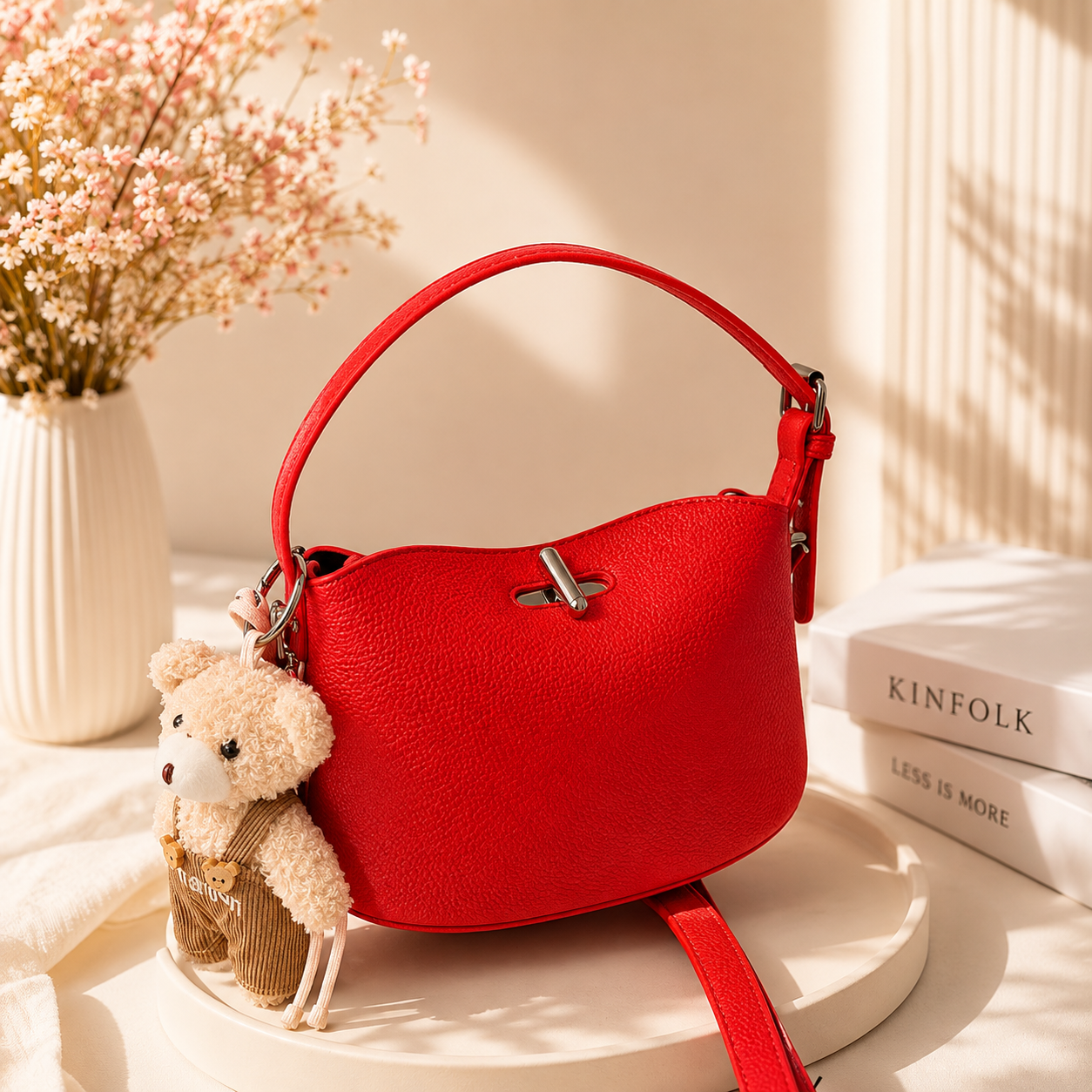 Women’s Mini Shoulder Bag with Teddy Bear Charm – Cute Crossbody Handbag