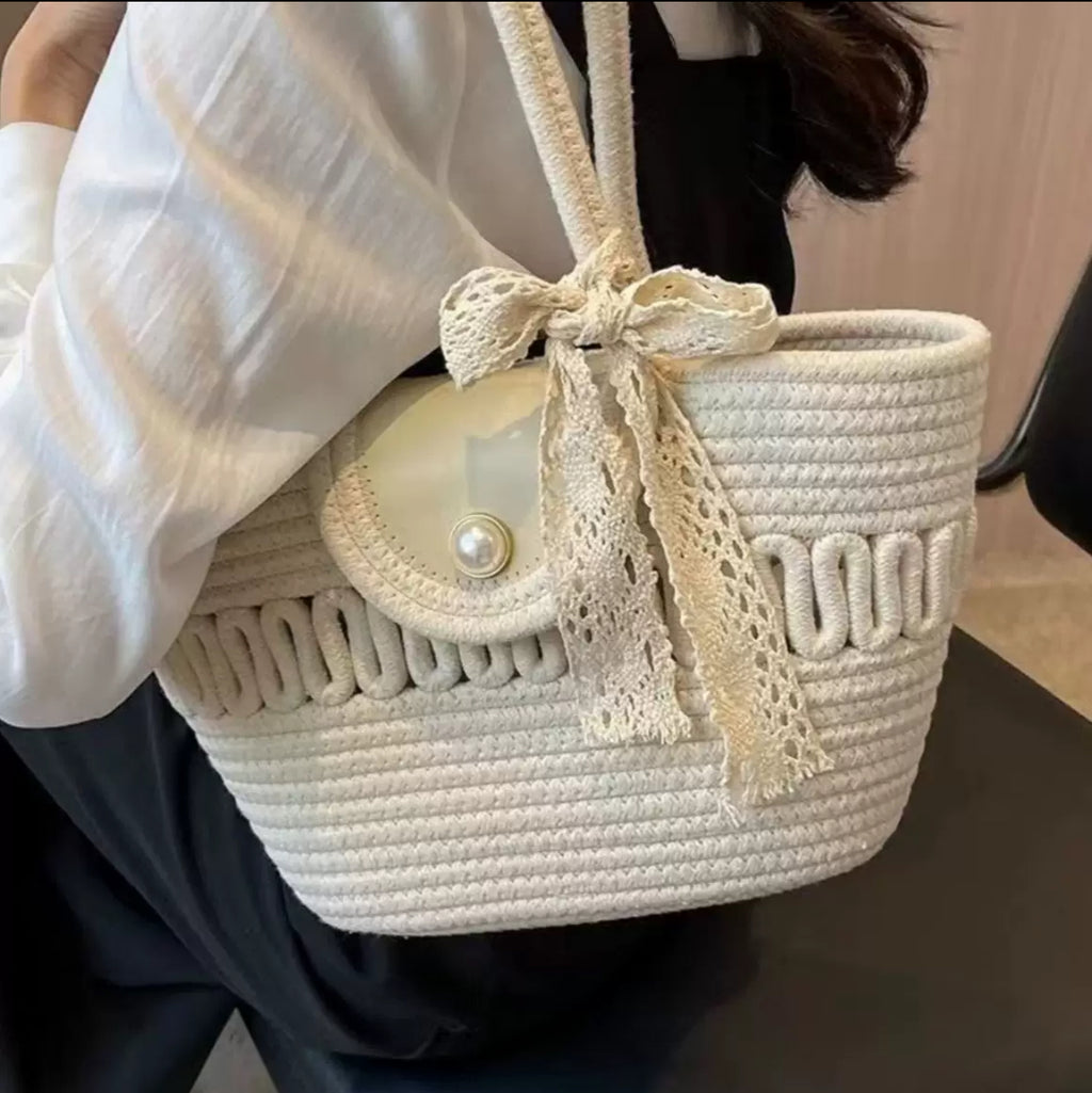Woven Pearl Detail Tote Bag | House of Luxe