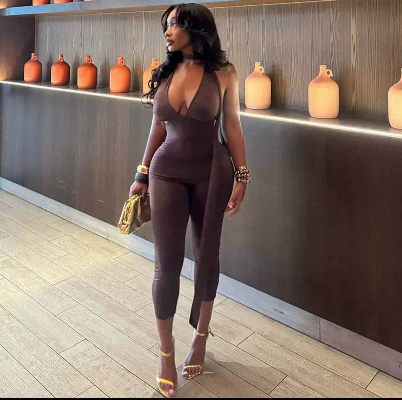 Women’s Sleeveless Halter Neck Jumpsuit – Slim Fit Lace-Up Bodycon Romper