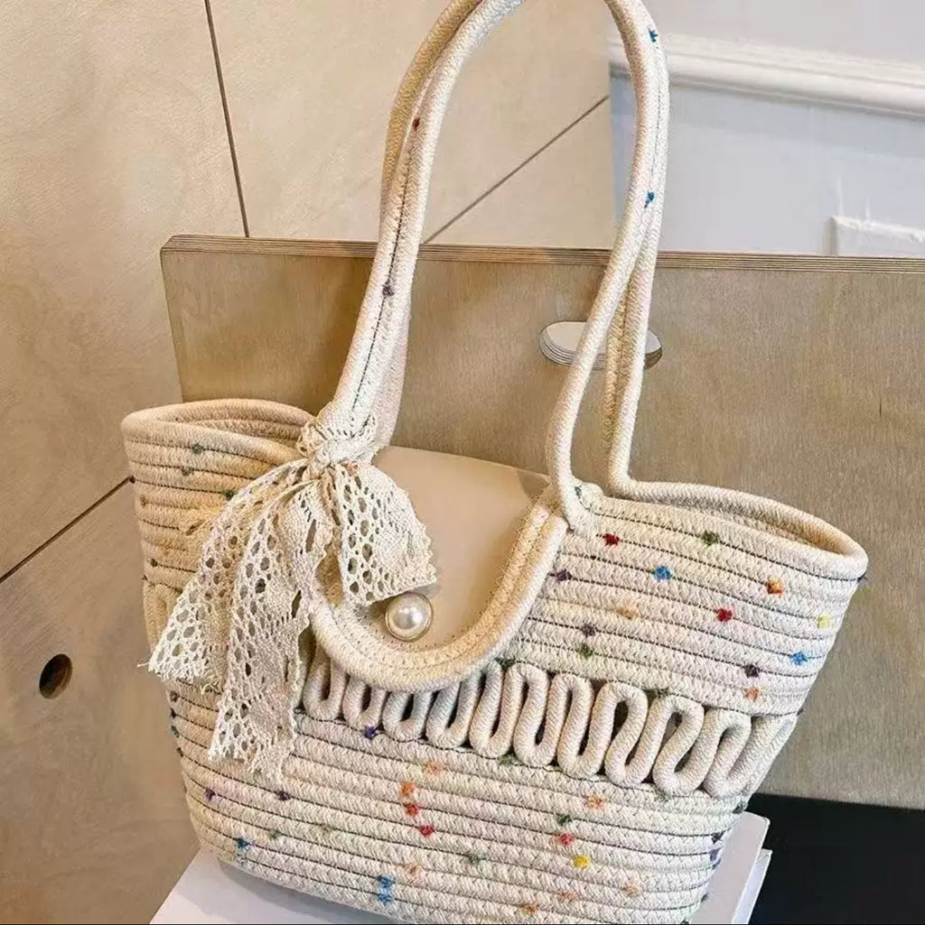 Woven Pearl Detail Tote Bag | House of Luxe